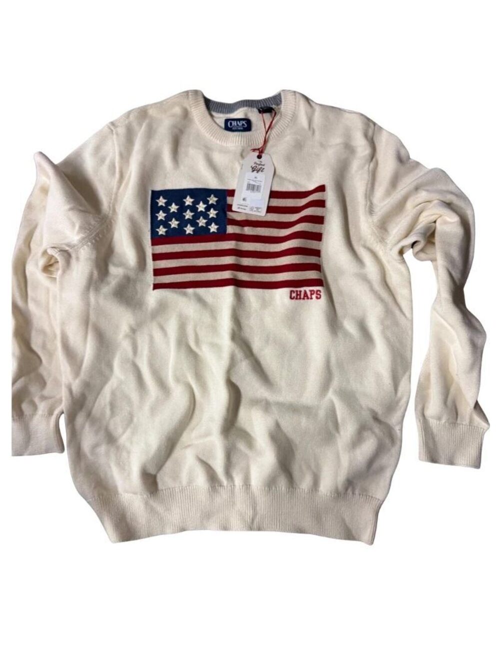 Chaps USA Flag Sweater Mens XL Cream 100% Cotton Crew Neck Long Sleeve New
